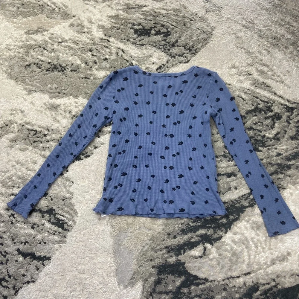 Gap Waffle Knit T Shirt Unisex Kids 2XL Blue Cotton Floral Lettuce Edge Hem Warm